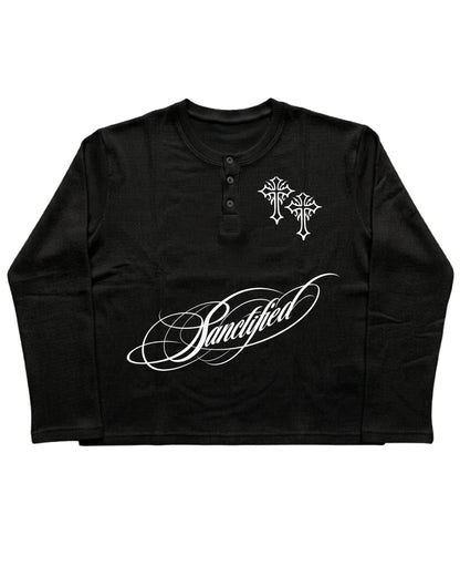 Black Henley waffle knit Front Design